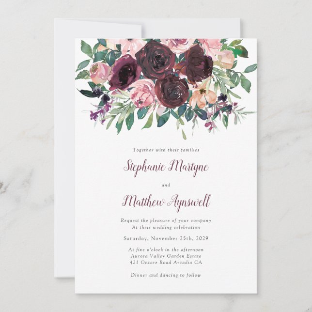 Fall Burgundy Dusty Blush Peach Botanische Hochzei Einladung (Vorderseite)