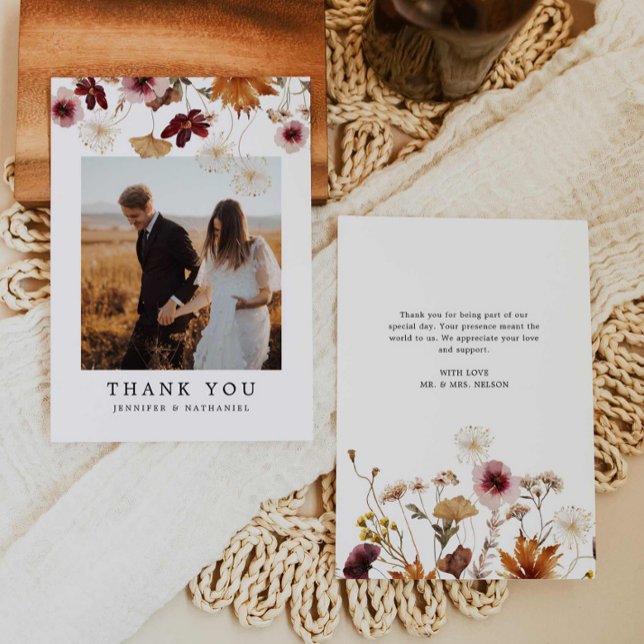 Fall Burgundy Floral Boho Wedding Foto Dankeskarte (Fall Burgundy Floral Wedding Thank you Card)