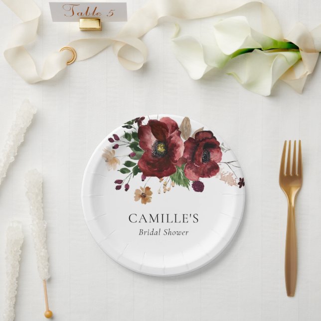 Fall Burgundy Floral Brautparty Party Pappteller (Hochzeit)