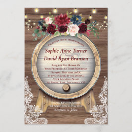 Fall Burgundy Floral Wine Barrel Lace Wood Wedding Einladung