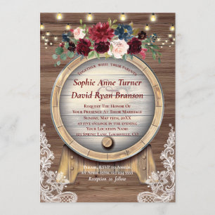 Fall Burgundy Floral Wine Barrel Lace Wood Wedding Einladung
