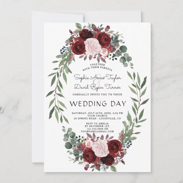 Fall Burgundy Marsala Floral Wreath Wedding Einladung (Vorderseite)