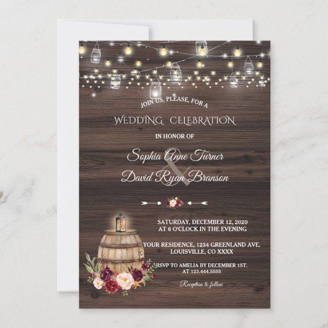 Fall Burgundy Marsala Wine Barrel Floral Wedding Einladung (Vorderseite)