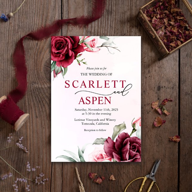 Fall Burgundy Merlot Bloral Wedding Einladung (Von Creator hochgeladen)