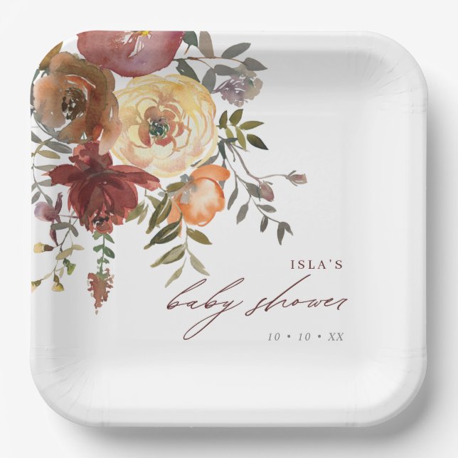 Fall Burgundy & Orange Blume Babydusche Pappteller (Vorderseite)