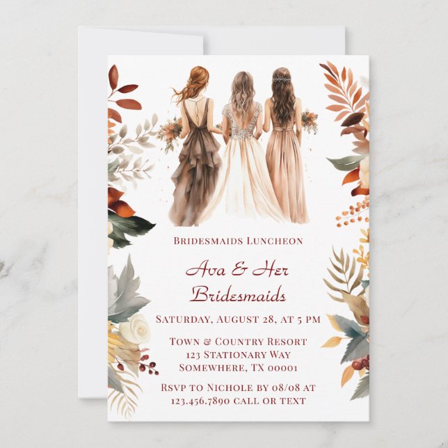 Fall Burgundy Orange Floral Bridesmaids Luncheon Einladung (Vorderseite)