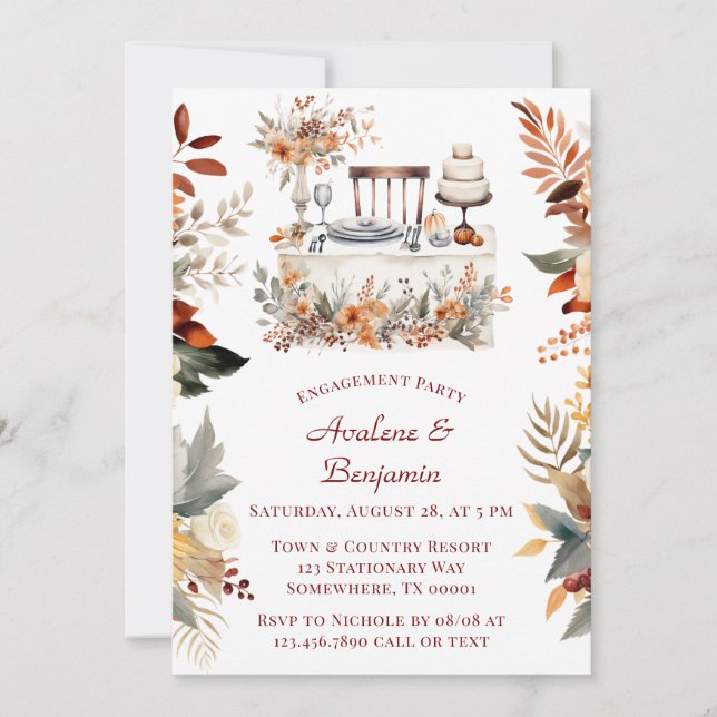 Fall Burgundy Orange Floral Engagement Party Einladung (Vorderseite)