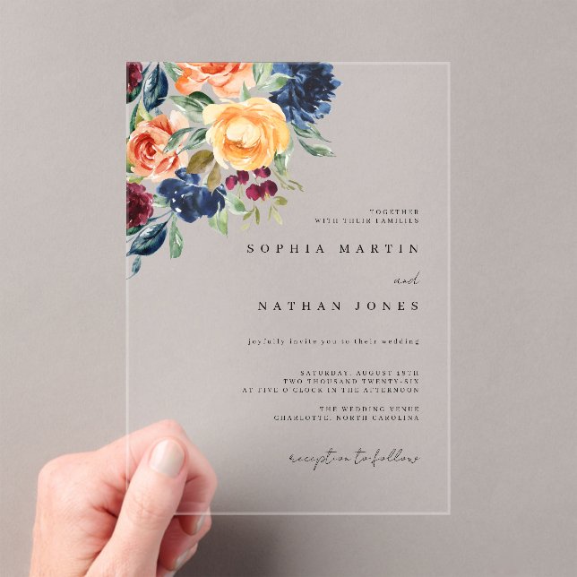 Fall Burgundy Watercolor Florals Wedding Acryleinladungen (Insitu (Handheld))