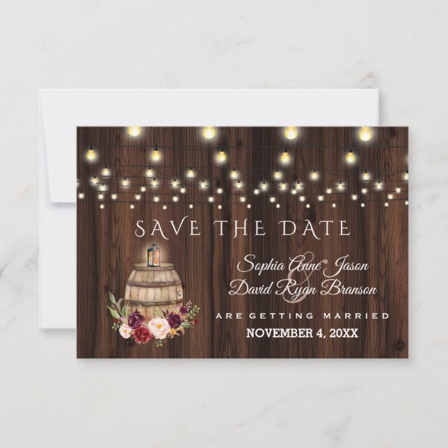 Fall Burgundy Wine Barrel Floral Save the Date (Vorderseite)