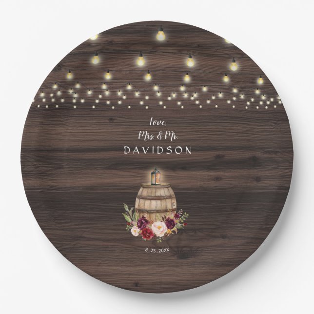 Fall Burgundy Wine Barrel Floral Wedding Pappteller (Vorderseite)