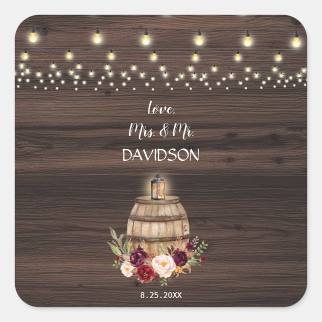 Fall Burgundy Wine Barrel Floral Wedding Quadratischer Aufkleber (Vorderseite)