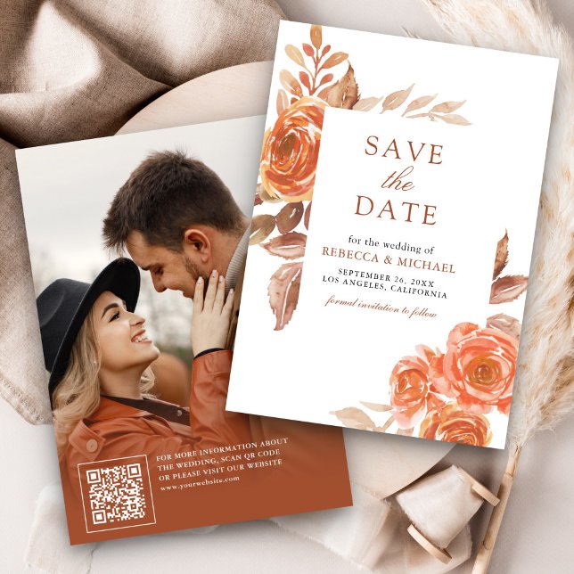 Fall Burnt Orange Floral Terracotta Foto Hochzeit Save The Date (Von Creator hochgeladen)