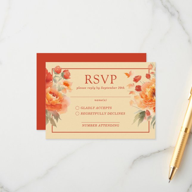 Fall Burnt Orange Floral Wedding RSVP Begleitkarte (Vorderseite/Rückseite Beispiel)