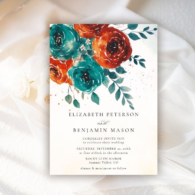 Fall Burnt Orange Rose Aquamarine Grünen Hochzeit Einladung (fall wedding invitation teal burnt orange terracotta watercolor whimsical floral rustic barn)