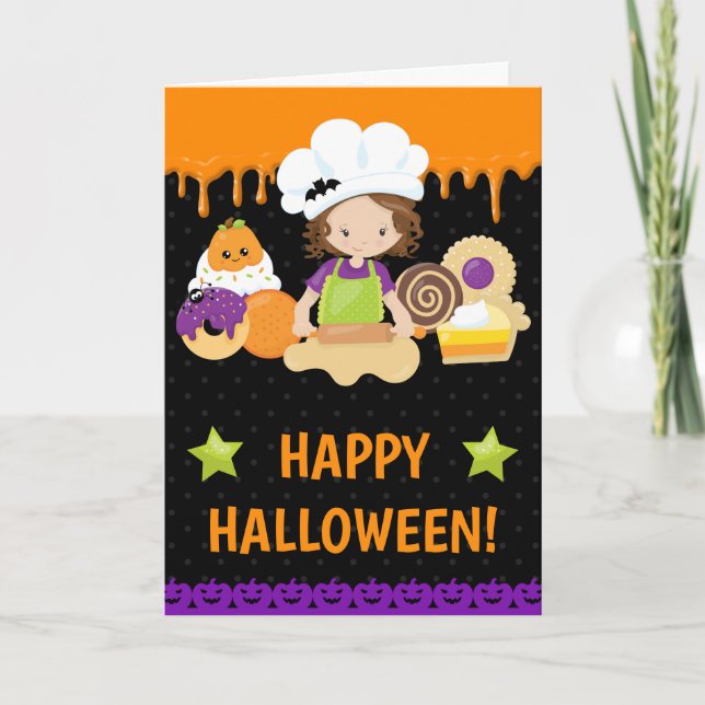 Fall Cakes Backen Brünett Girl Happy Halloween Karte (Vorderseite)