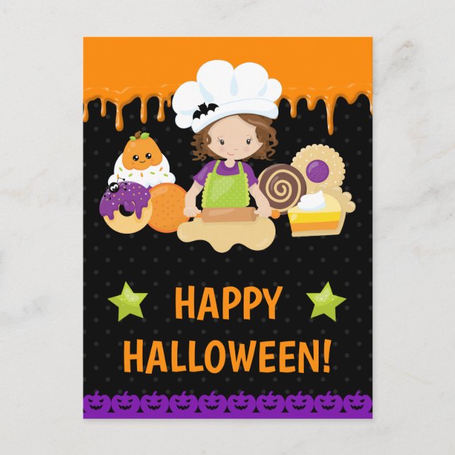 Fall Cakes Backen Brünett Girl Happy Halloween Postkarte (Vorderseite)