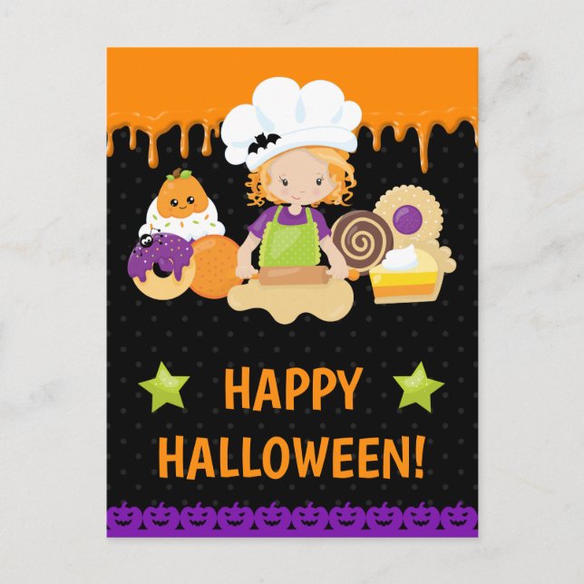 Fall Cakes Backen Rothaarige Girl Happy Halloween Postkarte (Vorderseite)