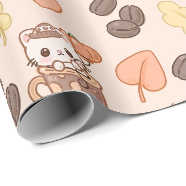 Fall Cat Mug Kawaii Coffee Bean Pattern Geschenkpapier (Rolleneckpunkt)