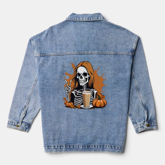 Fall Coffee Skeleton Halloween Jeansjacke (Rückseite)
