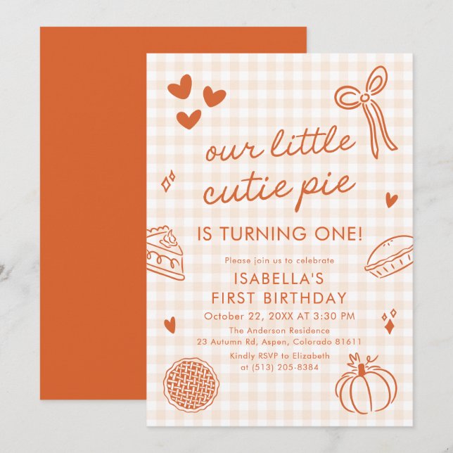 Fall Cute Hand Drawn Our Little Cutie Pie Birthday Einladung (Vorne/Hinten)