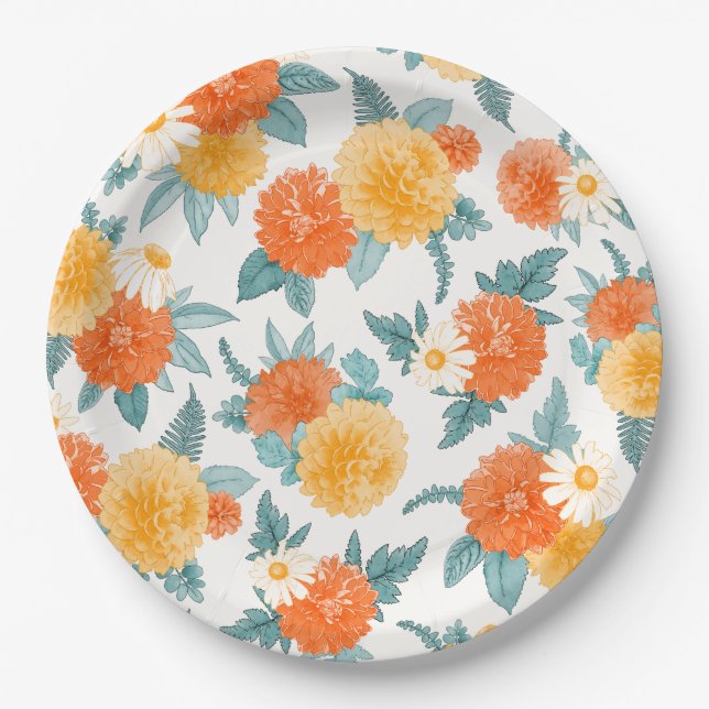 Fall Dahlias Floral Wasserfarben Muster Pappteller (Vorderseite)