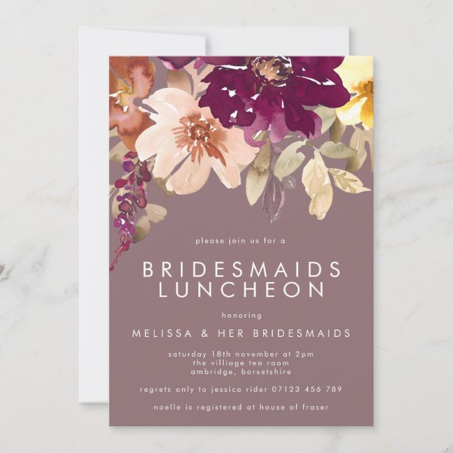 Fall Deep Lila Floral Bridesmaids Luncheon Einladung (Vorderseite)