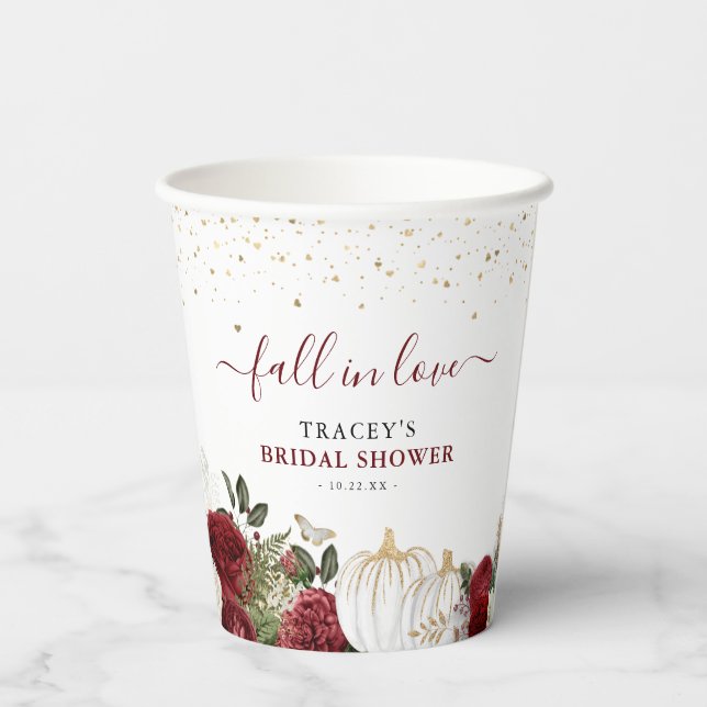 Fall der Liebe Burgund Floral Pumpkin Brautparty Pappbecher (Rückseite)