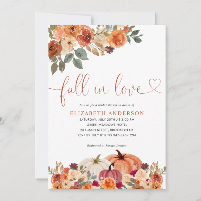 Fall der Liebe Floral Orange Pumpkin Brautparty Einladung (Vorderseite)