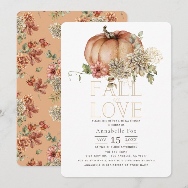 Fall der Liebe Floral Orange Pumpkin Brautparty Einladung (Vorne/Hinten)