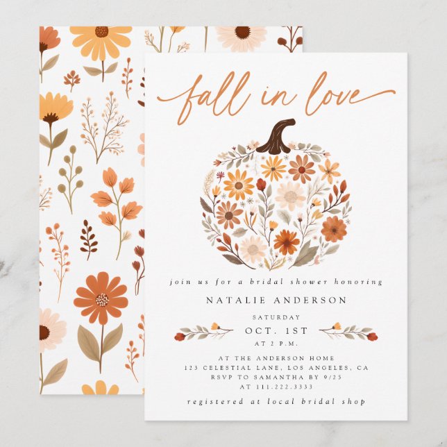 Fall der Liebe Floral Pumpkin Brautparty Einladung (Vorne/Hinten)