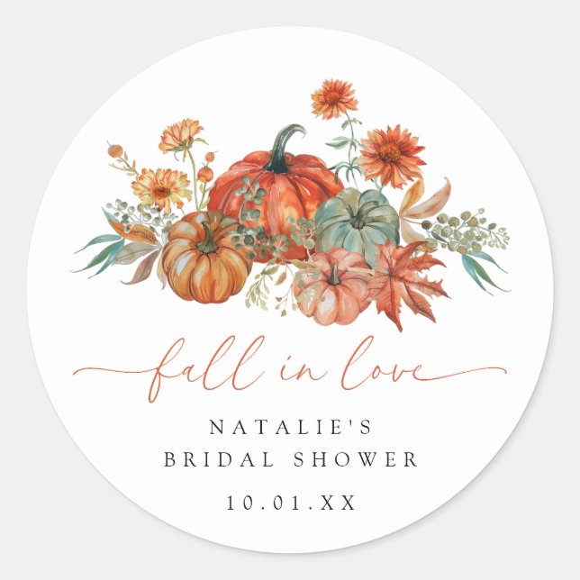 Fall der Liebe Floral Pumpkin Brautparty Runder Aufkleber (Vorderseite)