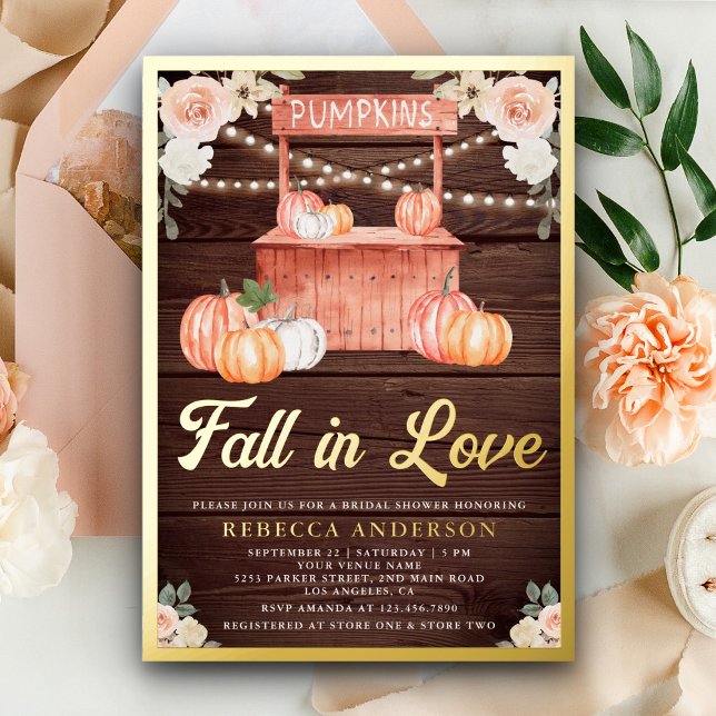 Fall der Liebe Peach Pumpkin Barn Wood Brautparty Folieneinladung (Von Creator hochgeladen)