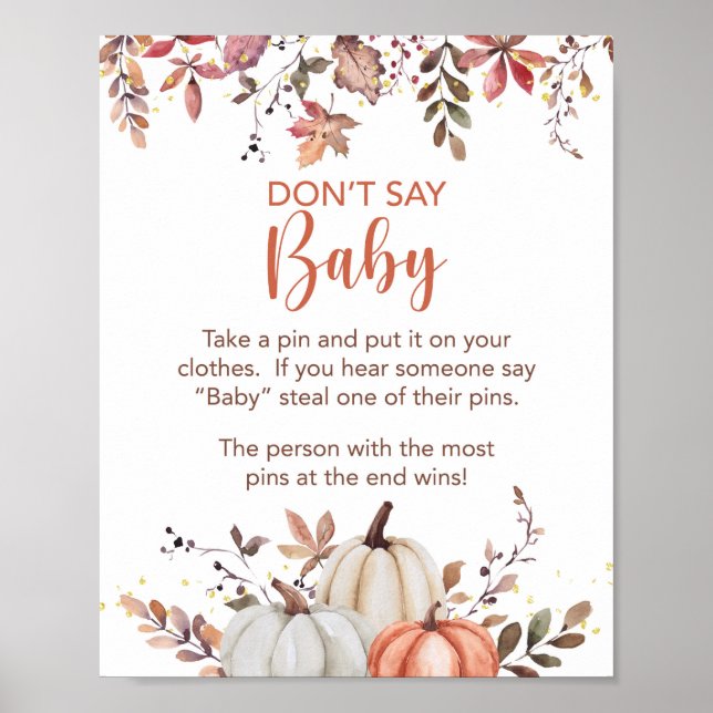 Fall Don't Say Baby Shower Game Sign Pumpkins Poster (Vorne)