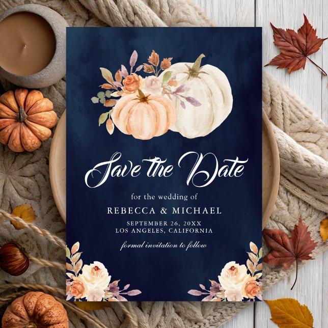 Fall Earthy Floral Pumpkin Navy Blue Wedding Save The Date (Von Creator hochgeladen)