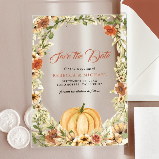 Fall Earthy Floral Pumpkin Wedding Save the Date Acryleinladungen (Von Creator hochgeladen)