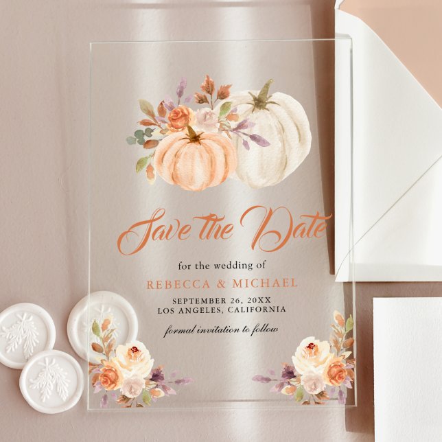 Fall Earthy Floral Pumpkin Wedding Save the Date Acryleinladungen (Von Creator hochgeladen)