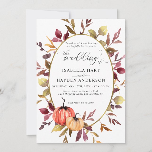 Fall Elegante Foliage Pumpkin Gold Foil Hochzeit Einladung (Vorderseite)