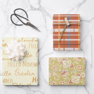 Fall Erntedank Floral Orange Kariert Hearts Geschenkpapier Set