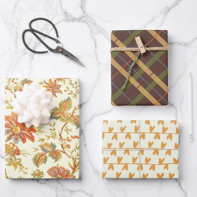Fall Erntedank Floral Orange Kariert Hearts Geschenkpapier Set (Vorderseite)