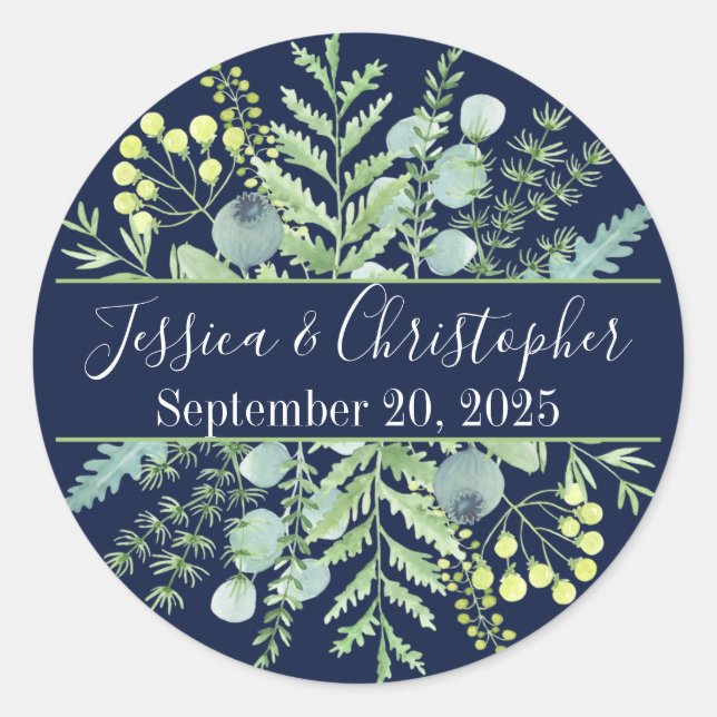 Fall Eucalyptus Berry Floral Wedding Stickers Navy (Vorderseite)
