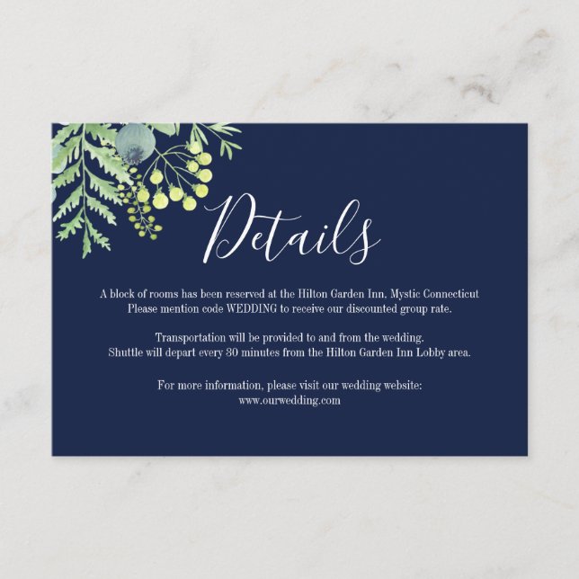 Fall Eukalyptus Floral Wedding Details Card Navy Begleitkarte (Vorderseite)