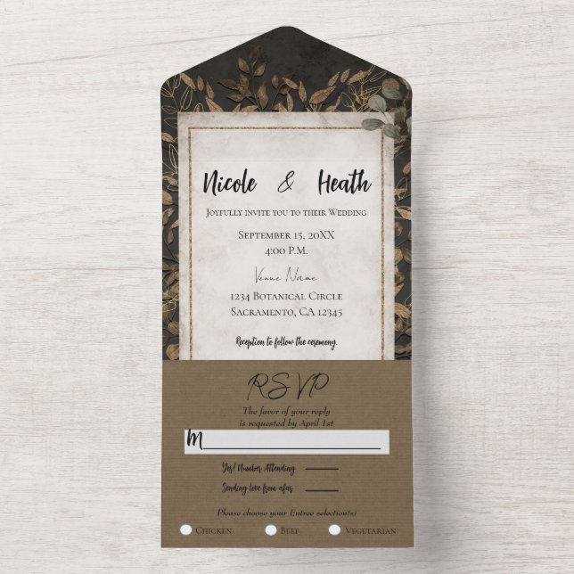 Fall Fairytale Bronze Botanische Blätter Hochzeit All In One Einladung (Innen Boden)