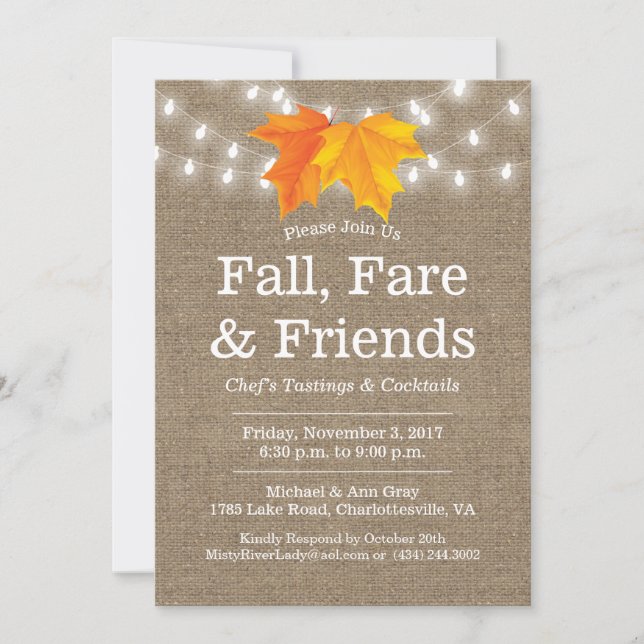 Fall, Fare & Friends Blätter & String Lights Burla Einladung (Vorderseite)