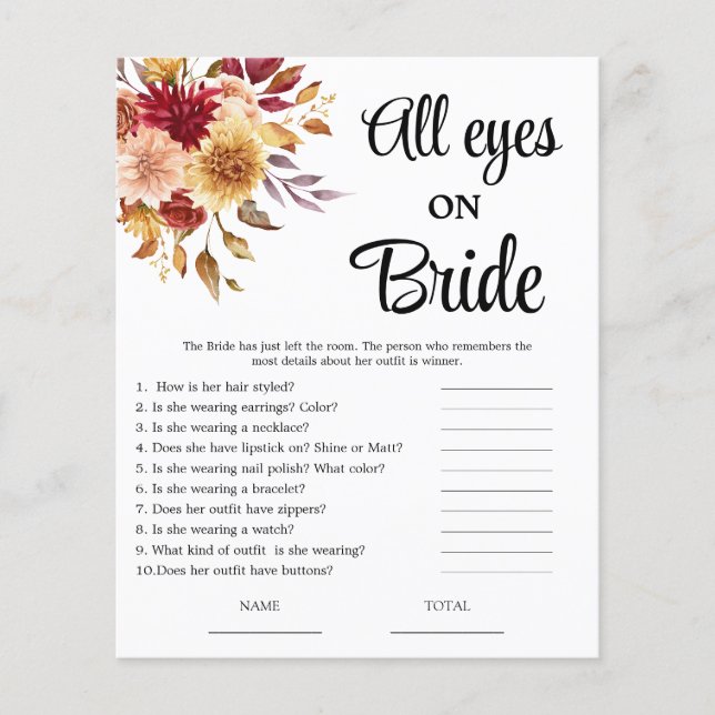 Fall Floral Alle Augen auf Bridge Brautparty Game (Vorderseite)
