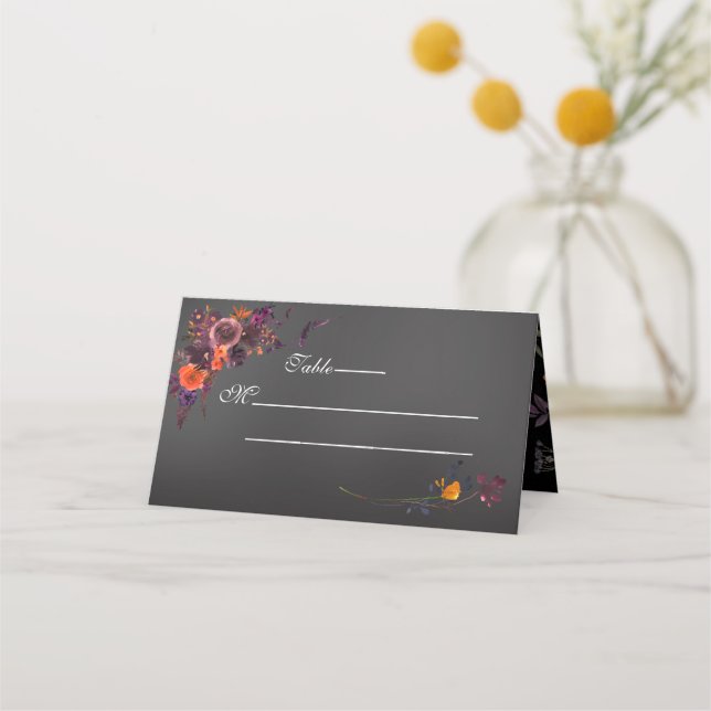 Fall Floral Black Monogram Platzkarte (Vorderseite)