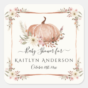 Fall Floral Botanical Pumpkin Baby Dusche Quadratischer Aufkleber