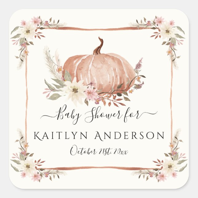 Fall Floral Botanical Pumpkin Baby Dusche Quadratischer Aufkleber (Vorderseite)