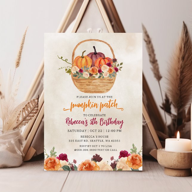 Fall Floral Burgundy Orange Pumpkin Patch Geburtst Einladung (Fall Floral Burgundy Orange Pumpkin Patch Birthday Invitation)
