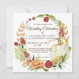 Fall Floral Burgundy White Pumpkin Wreath Wedding Einladung