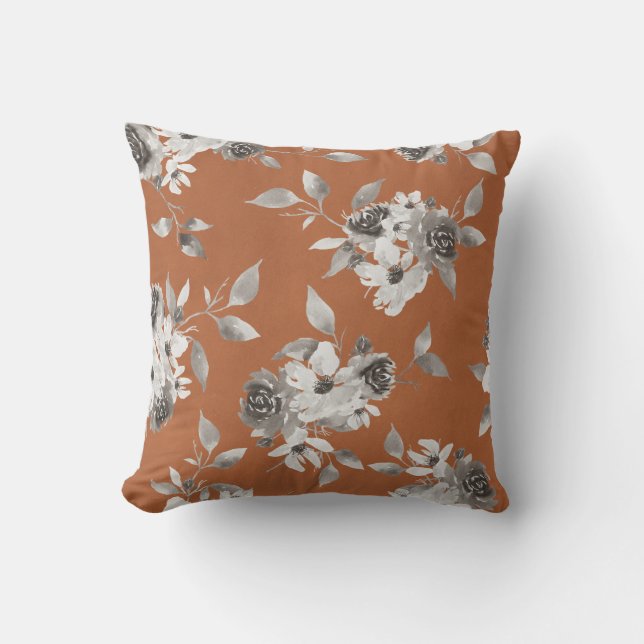 Fall Floral Burnt Orange und Sepia Pillow Kissen (Vorderseite)